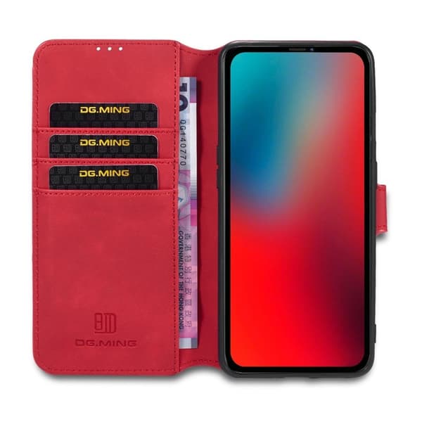 DG.MING Plånboksfodral Konstläder med Ställ och Rem för iPhone 13 Pro Max - Röd