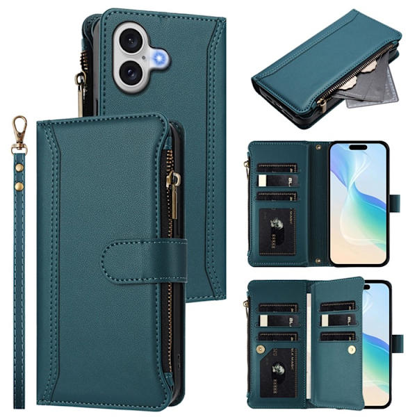 iPhone 17 Plånboksfodral Zipper Med Rem - Mörkgrön Grön