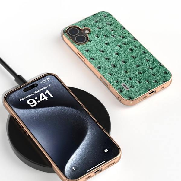 ABEEL Mobilskal till iPhone 16 Plus Electroplating Grön Äkta Läder