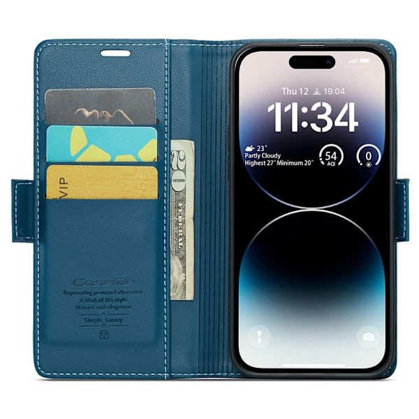 CASEME iPhone 15 Pro Plånboksfodral Konstläder RFID-Skydd Blå