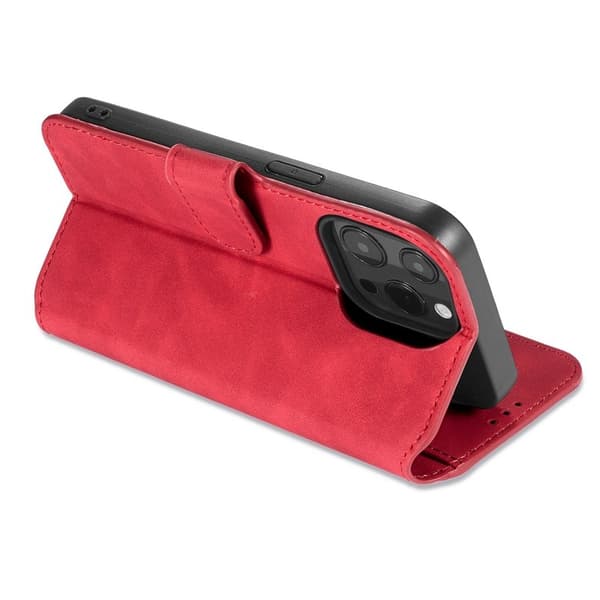 DG.MING iPhone 14 Pro Max Konstläder Plånboksfodral Retro Röd med Ställning