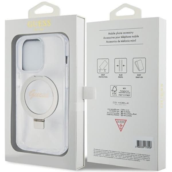 Guess telefontaske til iPhone 15 Pro Magsafe Ringstativ Script Glitter Transparent