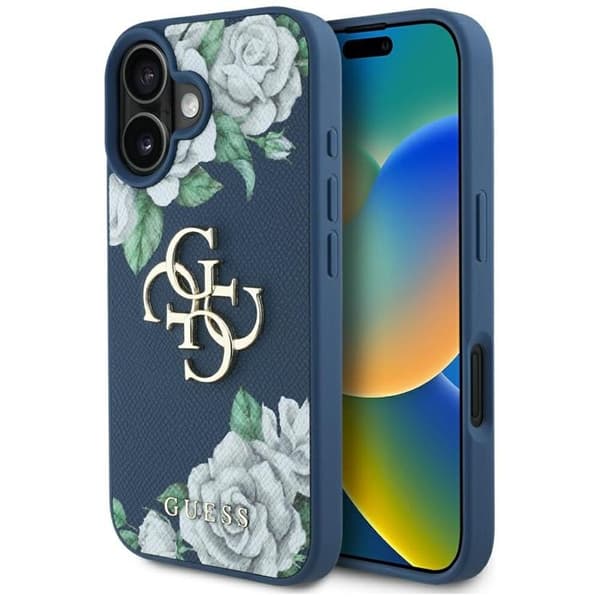 Guess Mobilskal till iPhone 16 Grained Roses Big 4G logo - Blå Blå