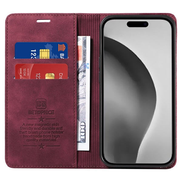 BETOPNICE 003 iPhone 16 Pro Max Plånboksfodral Konstläder - Röd