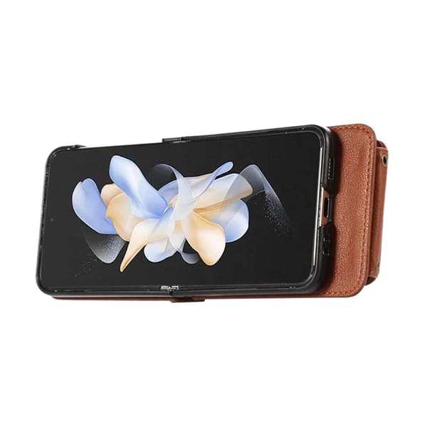 Galaxy Z Flip7 Plånboksfodral Ring Kickstand med Lång rem - Brun Brun