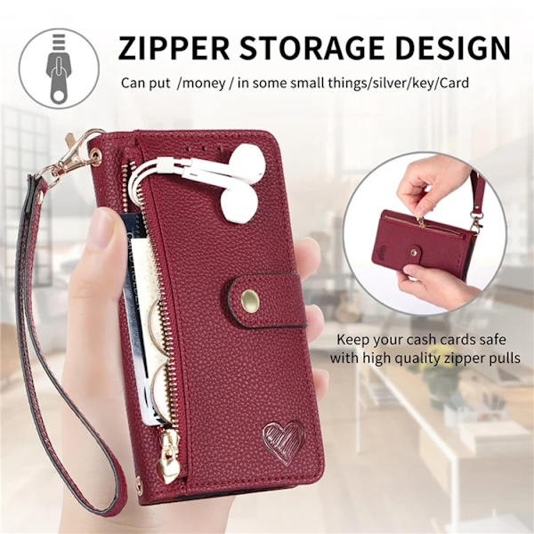 iPhone 17 Pro Max Konstläder Plånboksfodral RFID-Skydd Zipper med rem - Röd