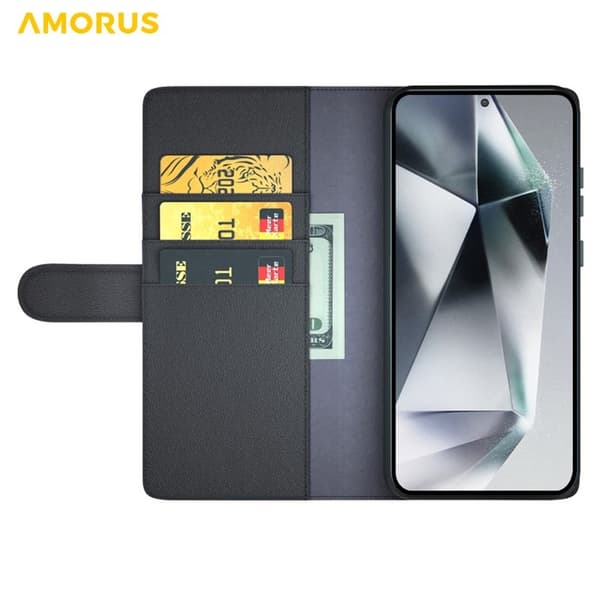AMORUS Samsung Galaxy S26 Ultra Plånboksfodral Äkta Läder - Svart