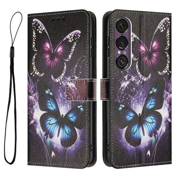 Sony Xperia 1 VII Konstläder Plånboksfodral Pattern Printing - Two Butterflies Svart