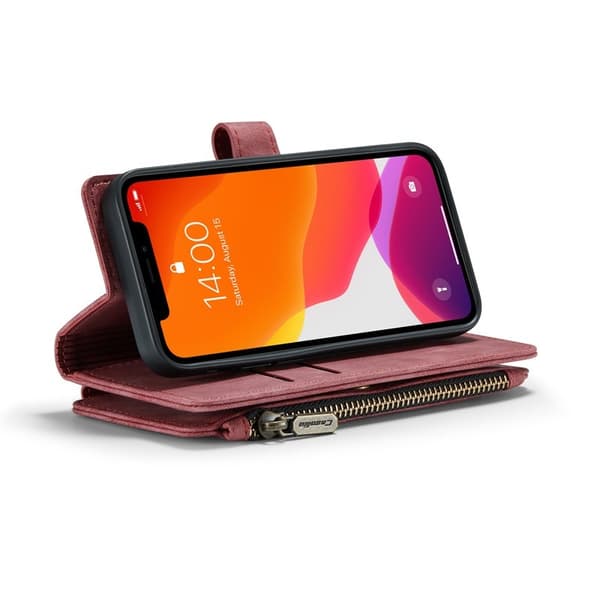 CASEME Konstläder Plånboksfodral för iPhone 12 mini med rem, Röd