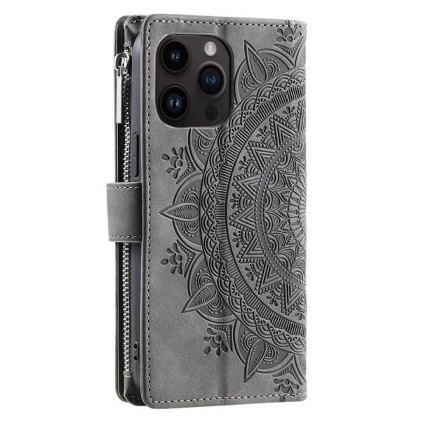 iPhone 15 Pro Max -lompakkokotelo Mandala Flower Imprinted - Harmaa