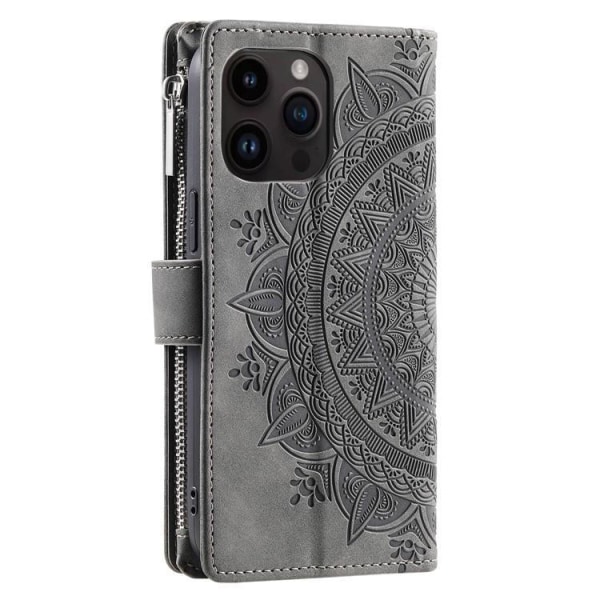 iPhone 15 Pro Max -lompakkokotelo Mandala-kukkapainotettu - harmaa