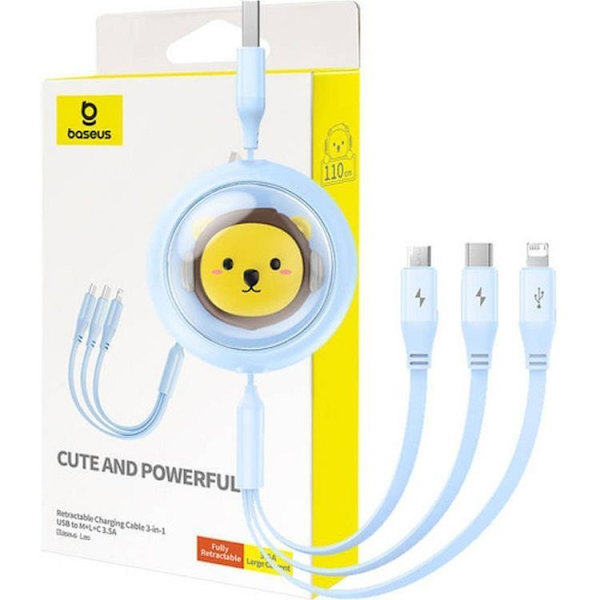Baseus 3in1 USB-A till USB-C, Lightning, microUSB kabel 1.1m - Blå