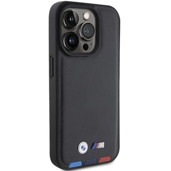 BMW iPhone 15 Pro Mobilskal Läder Stamp Tricolor - Musta Black