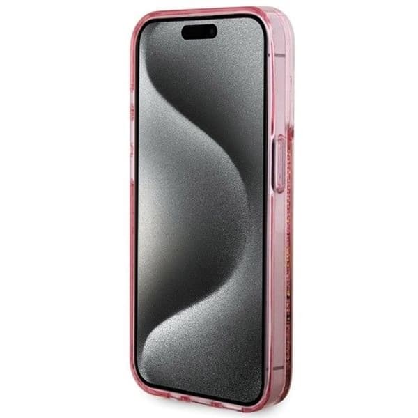 Guess iPhone 15 Pro Mobilskal Liquid Glitter Gold Stripes Rosa
