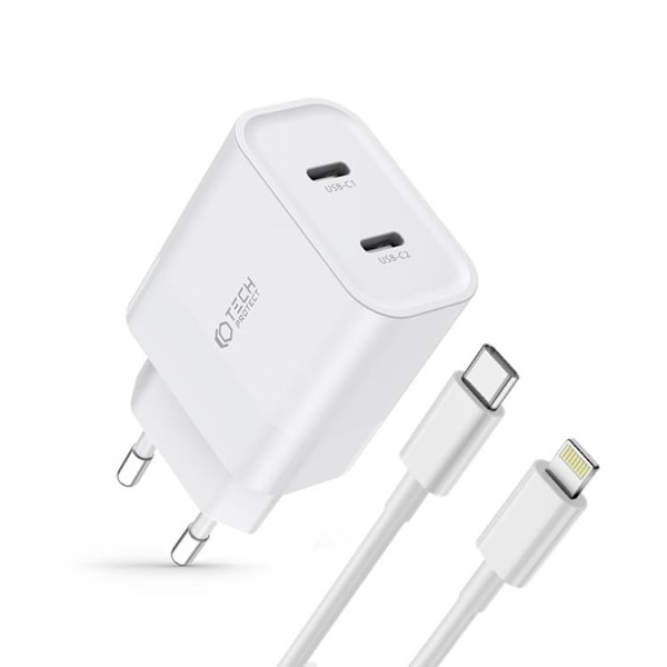 Tech-Protect Väggladdare 2-Port Type-C - Vit Vit