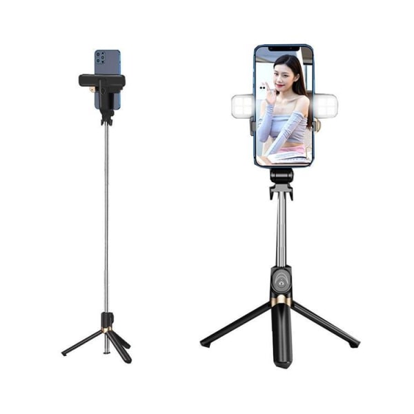 Selfiestick / Tripod fjernbetjening med LED lys - Sort