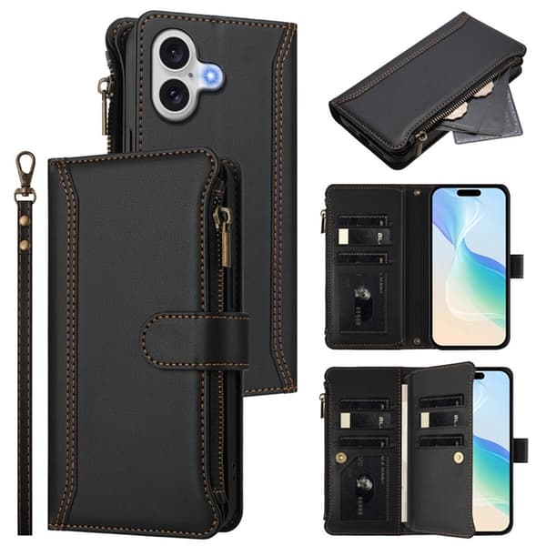 iPhone 17 Plånboksfodral Zipper Med Rem - Svart Svart