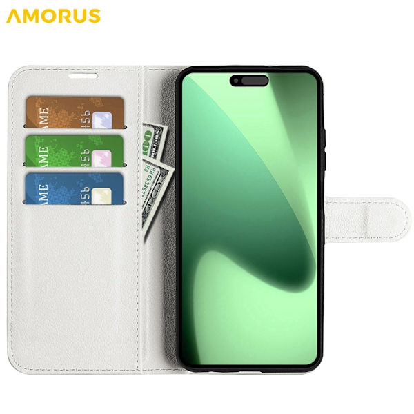AMORUS iPhone 17 Pro Konstläder Plånboksfodral Flipstativ Litchi - Vit Vit