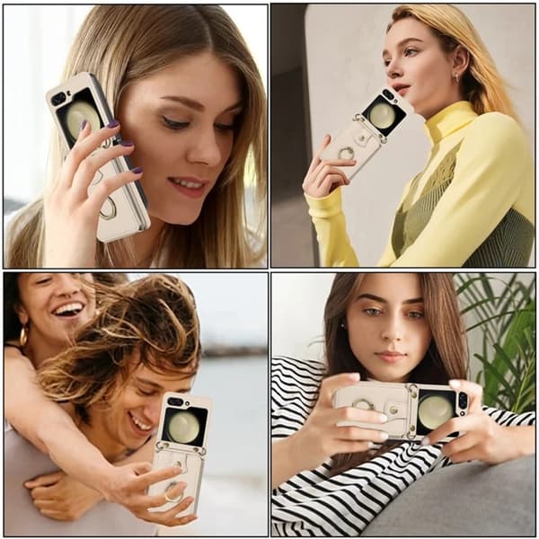 Galaxy Z Flip7 Plånboksfodral Ring Kickstand med Lång rem - Beige Beige