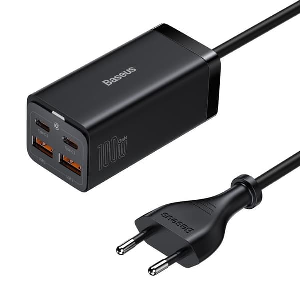 Baseus seinälaturi 2x USB-C/2x USB-A GaN3 100W - Musta Black