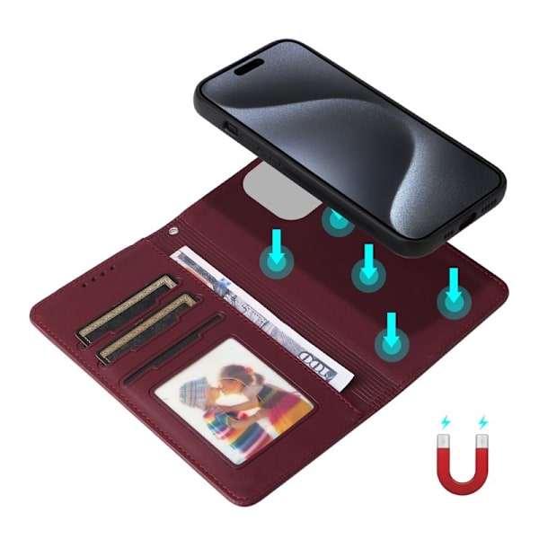 BETOPNICE iPhone 15 Pro Plånboksfodral - Avtagbart Konstläder - Vinröd