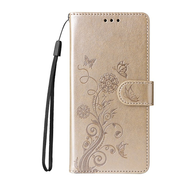 Samsung Galaxy S26 Plus Plånboksfodral Konstläder Blomtryck Ställ - Guld