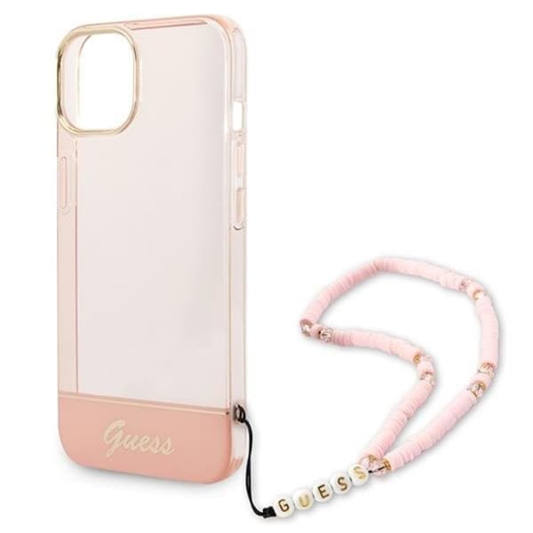 GUESS iPhone 14 Plus Kuori Translucent Pearl Strap - Pinkki Rosa