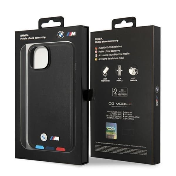 BMW iPhone 14 Plus -kotelo Nahka Stamp Tricolor - Musta Black