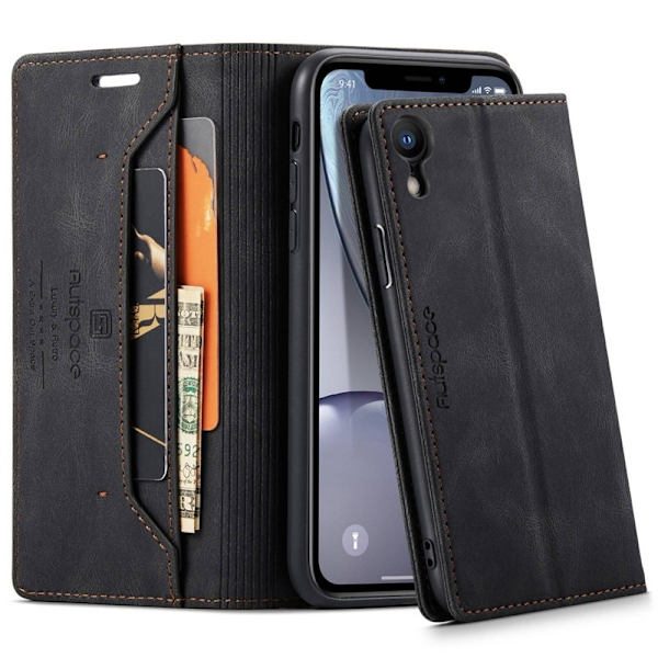 AUTSPACE A01 iPhone XR Plånboksfodral Konstläder - Svart