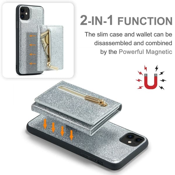 DG.MING M3 Series iPhone 11 Konstläder Plånboksfodral 2-i-1 Med Ställ Silver