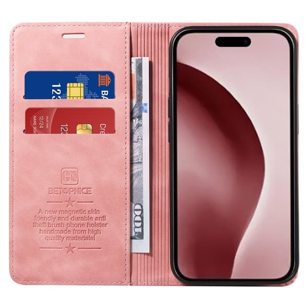 BETOPNICE 003 iPhone 16 Pro Plånboksfodral Konstläder - Rosa