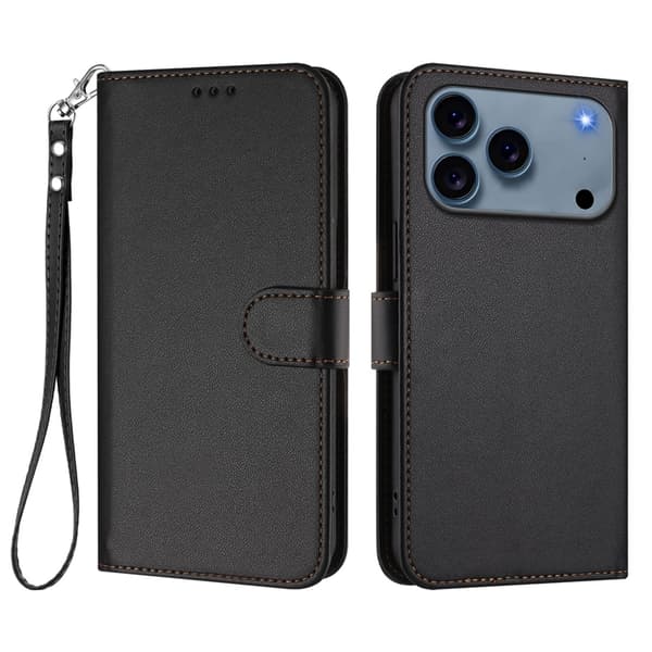 iPhone 17 Pro Max Plånboksfodral Läder med Handledsrem - Svart Svart
