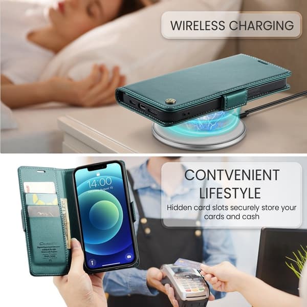CASEME Plånboksfodral Konstläder för iPhone 12/12 Pro - Grön