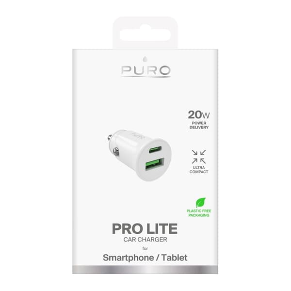 Puro Biloplader 20W USB-C - USB-A PD Pro Lite - Hvid Vit