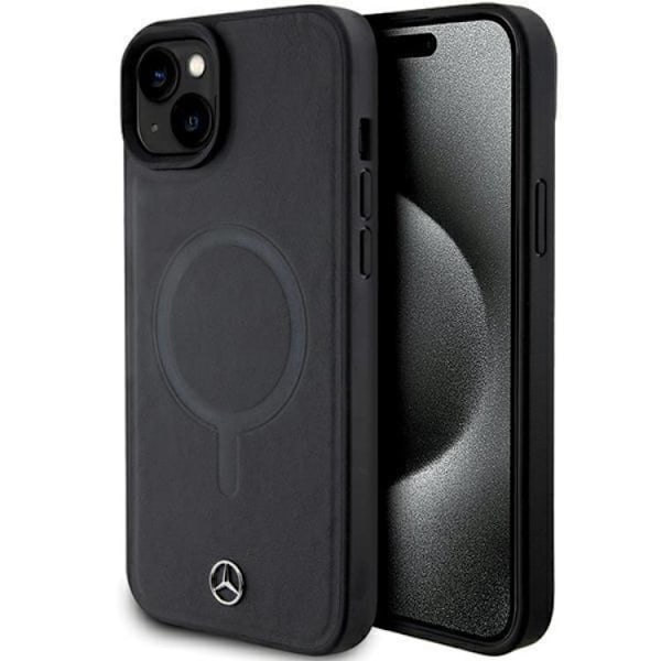 Mercedes iPhone 15 Plus Mobilskal Magsafe Smooth Läder - Svart Svart