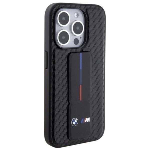 BMW iPhone 15 Pro -puhelinkuori Grip Stand Smooth & Carbon - Musta Black