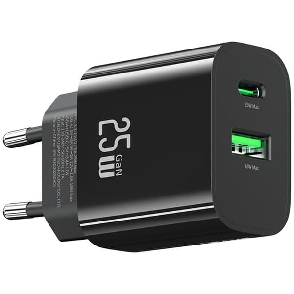 USAMS Snabbladdare 25W 1xUSB-C 1xUSB-A CC315 - Svart Svart