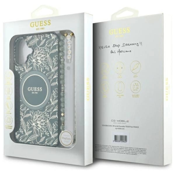 Guess telefontaske til iPhone 16 Plus MagSafe IML blomster med rem - grøn Grön