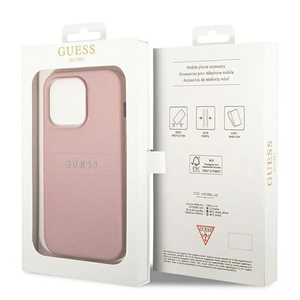 GUESS iPhone 14 Pro Max Cover Glitter Flakes Script Metal Logo - Rosa