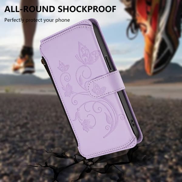 iPhone 17 Pro Max Plånboksfodral Butterfly Floral Imprint - Ljuslila Lila