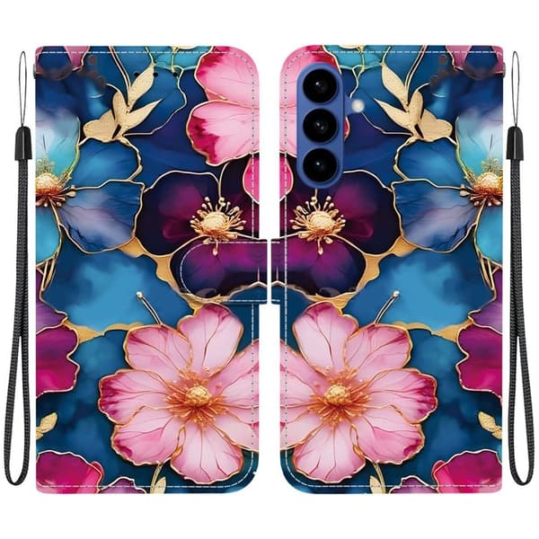Samsung Galaxy S26 Plånboksfodral Mönstertryck Konstläder Ställ Blå Guld Blomma