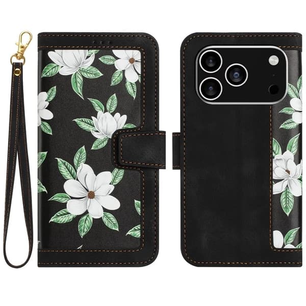 iPhone 17 Pro Plånboksfodral Floral Konstläder - Svart Svart