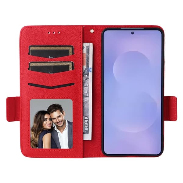 Galaxy S26/S26 Pro Plånboksfodral Litchi Konstläder med Rem - Röd Röd