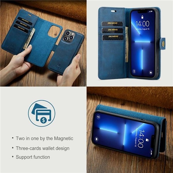 DG.MING iPhone 15 Pro Max Plånboksfodral Äkta Läder 2in1 - Blå Blå