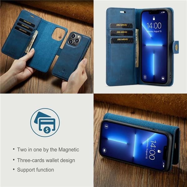 DG.MING iPhone 15 Pro Max Punge Etui Ægte Læder 2i1 - Blå Blå
