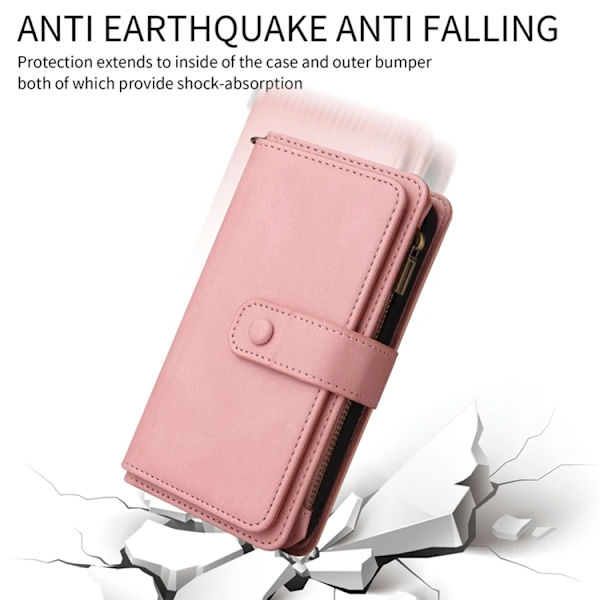 iPhone 17 Pro Konstläder Plånboksfodral Zipper Rem Rosa