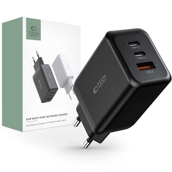 Tech-Protect 3-Port Vægoplader 65W - Sort Svart