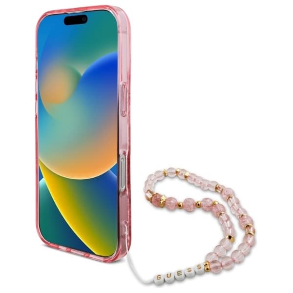 Guess telefontaske til iPhone 16 Pro MagSafe IML blomster med perlerem - lyserød Rosa
