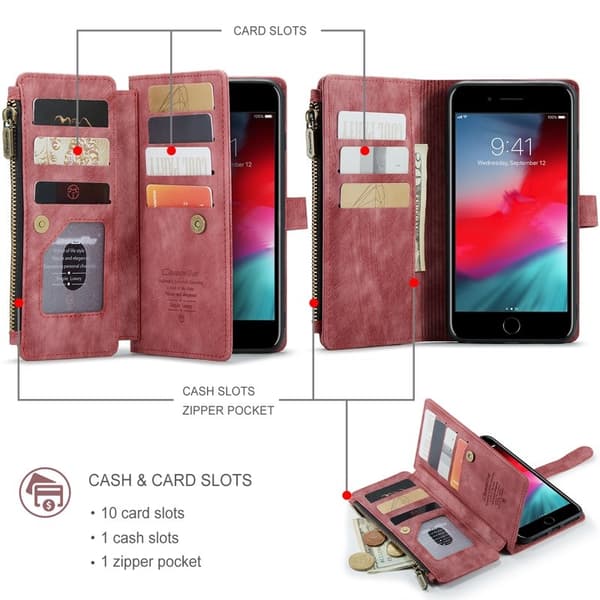 CASEME Konstläder Plånboksfodral för iPhone 6/7/8 Plus med rem - Röd