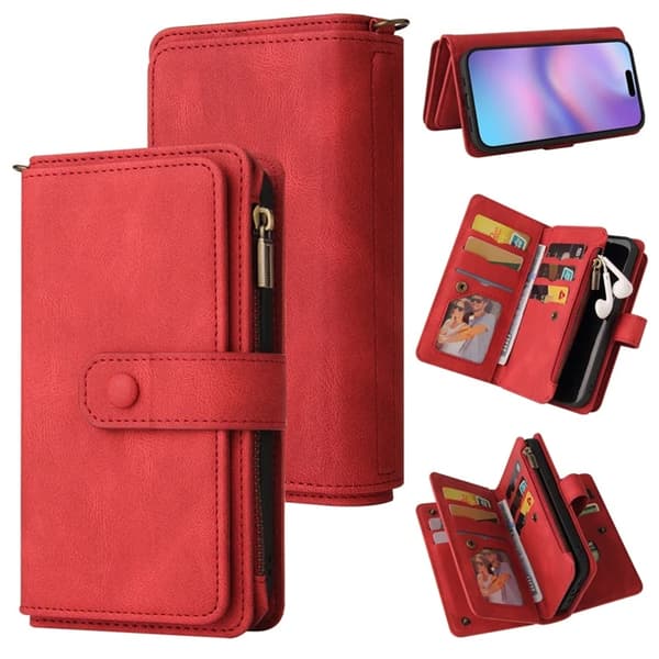 iPhone 17 Konstläder Plånboksfodral Zipper Rem Röd
